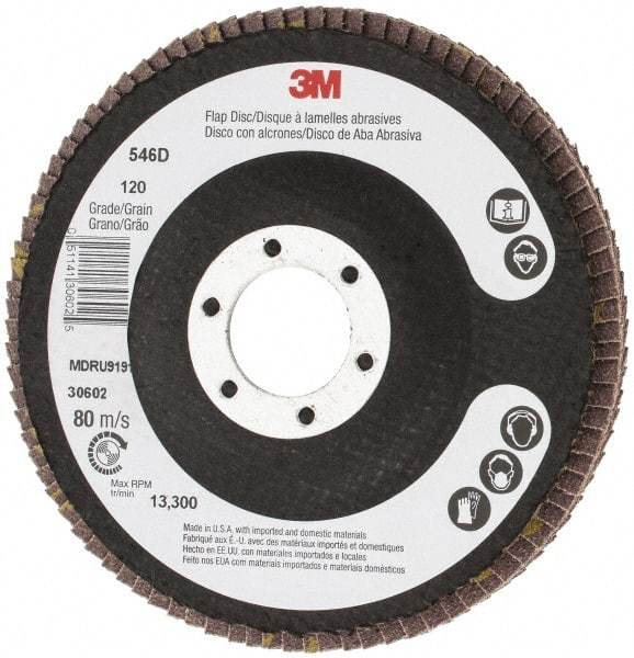 3M - 120 Grit, 4-1/2" Disc Diam, 7/8" Center Hole, Type 27 Zirconia Alumina Flap Disc - Cloth Backing, Arbor Attaching System, Coated - Industrial Tool & Supply