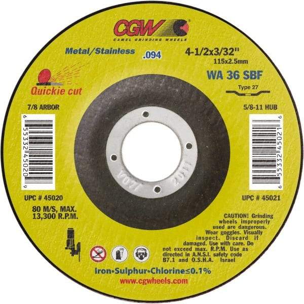 Camel Grinding Wheels - 4-1/2" 36 Grit Aluminum Oxide Cutoff Wheel - 3/32" Thick, 7/8" Arbor, 13,300 Max RPM - Industrial Tool & Supply