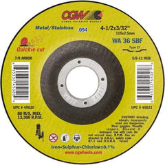 Camel Grinding Wheels - 36 Grit, 5" Wheel Diam, 3/32" Wheel Thickness, 7/8" Arbor Hole, Type 27 Depressed Center Wheel - Medium Grade, Aluminum Oxide, Resinoid Bond, 12,250 Max RPM - Industrial Tool & Supply