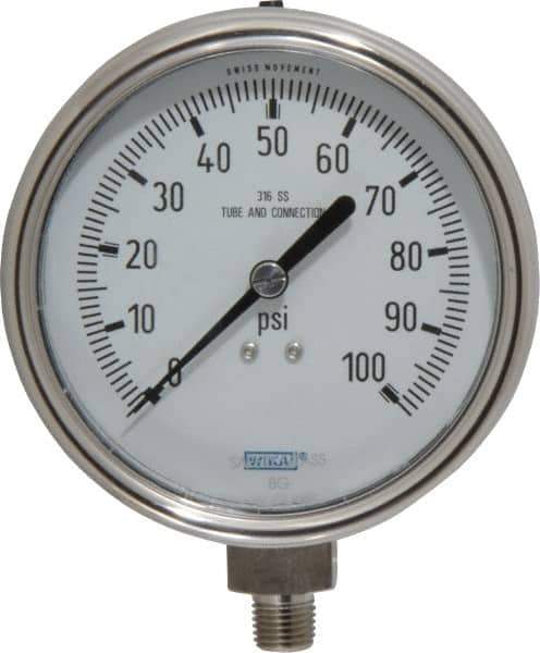 Wika - 4" Dial, 1/4 Thread, 0-100 Scale Range, Pressure Gauge - Lower Connection Mount, Accurate to 1% of Scale - Industrial Tool & Supply