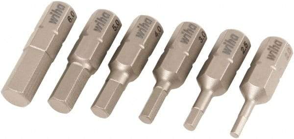 Wiha - 6 Piece, 1/4" Drive Screwdriver Insert Bit Set - 2 to 6mm Hex - Industrial Tool & Supply
