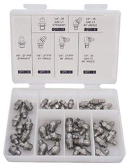 PRO-LUBE - 40 Piece, Inch, Box Plastic Stainless Steel Grease Fitting Set - Includes PTF, UNF Thread Types, Includes 1/4-28 SAE-LT: (10) Straight, (5) 45°, (5) 90°, 1/8-27 PTF: (10) Straight, (5) 45°, (5) 90° - Industrial Tool & Supply