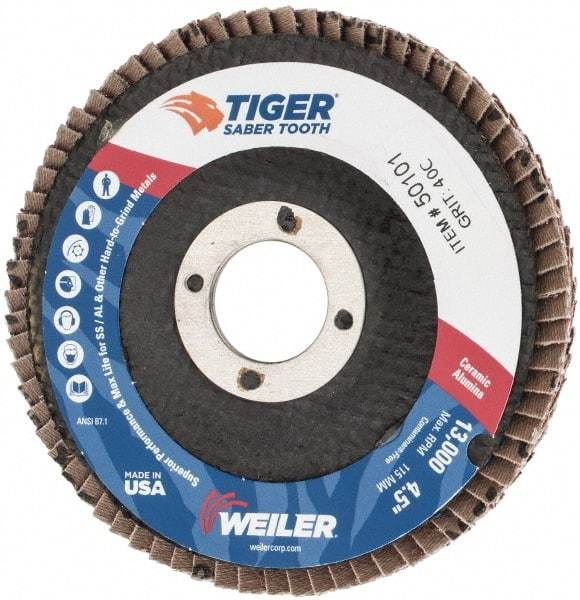 Weiler - 40 Grit, 4-1/2" Disc Diam, 7/8" Center Hole, Type 29 Ceramic Flap Disc - 13,000 Max RPM, Phenolic Backing, Arbor Attaching System, Coated - Industrial Tool & Supply