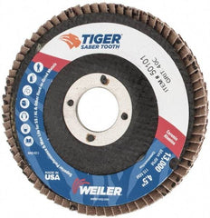 Weiler - 40 Grit, 4-1/2" Disc Diam, 7/8" Center Hole, Type 29 Ceramic Flap Disc - 13,000 Max RPM, Phenolic Backing, Arbor Attaching System, Coated - Industrial Tool & Supply