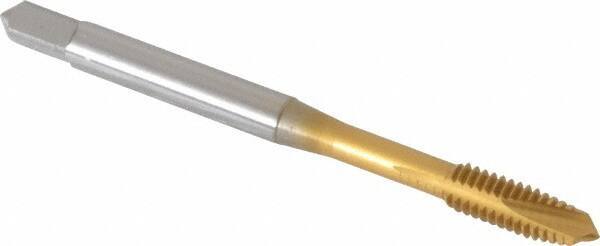 OSG - #8-32 UNC, 3 Flute, TiN Finish, Vanadium High Speed Steel Spiral Point Tap - Plug Chamfer, Right Hand Thread, 2-1/8" OAL, 3/4" Thread Length, Series 11015 - Exact Industrial Supply