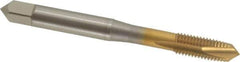 OSG - 1/4-28 UNF, 3 Flute, TiN Finish, Vanadium High Speed Steel Spiral Point Tap - Plug Chamfer, Right Hand Thread, 2-1/2" OAL, 1" Thread Length, 3B Class of Fit, Series 11015 - Exact Industrial Supply