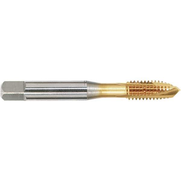 OSG - #10-32 UNF, 3 Flute, TiN Finish, Vanadium High Speed Steel Spiral Point Tap - Plug Chamfer, Right Hand Thread, 2-3/8" OAL, 7/8" Thread Length, 0.194" Shank Diam - Exact Industrial Supply