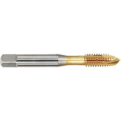 OSG - #10-32 UNF, 3 Flute, TiN Finish, Vanadium High Speed Steel Spiral Point Tap - Plug Chamfer, Right Hand Thread, 2-3/8" OAL, 7/8" Thread Length, 0.194" Shank Diam - Exact Industrial Supply