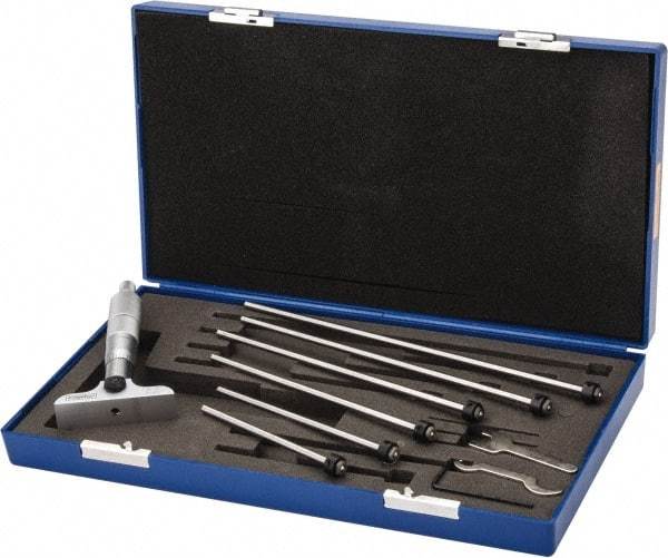 Fowler - 0 to 6" Range, 6 Rod, Mechanical Depth Micrometer - Ratchet Stop Thimble, 2-1/2" Base Length, 0.001" Graduation, 11/64" Rod Diam - Industrial Tool & Supply