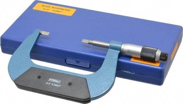 Fowler - 2" to 3" Mechanical Baked Enamel (Frame) & Satin Chrome (Graduations) Coated Blade Micrometer - 0.0002" Accuracy, 0.0001" Graduation, 0.03" Blade Thickness, Ratchet Stop Thimble - Industrial Tool & Supply