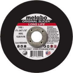 Metabo - 6" 60 Grit Aluminum Oxide Cutoff Wheel - 0.045" Thick, 7/8" Arbor, 10,200 Max RPM, Use with Angle Grinders - Industrial Tool & Supply