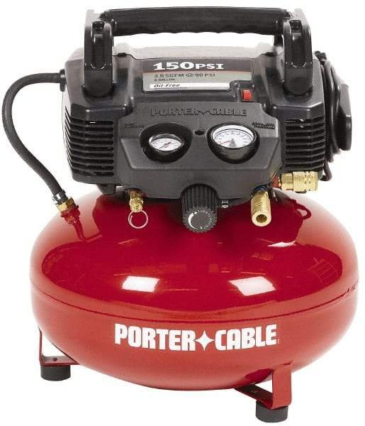 Porter-Cable - 0.8 HP, 2.6 CFM Pancake Electric Oil Free Compressor - 6 Gallon Tank, 10 Amp, 150 Max psi, 120V - Industrial Tool & Supply