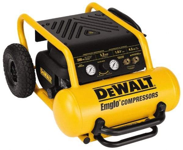 DeWALT - 1.8 HP, 5.2 CFM Wheeled Electric Oil Free Compressor - 4.5 Gallon Tank, 15 Amp, 200 Max psi, 120V - Industrial Tool & Supply