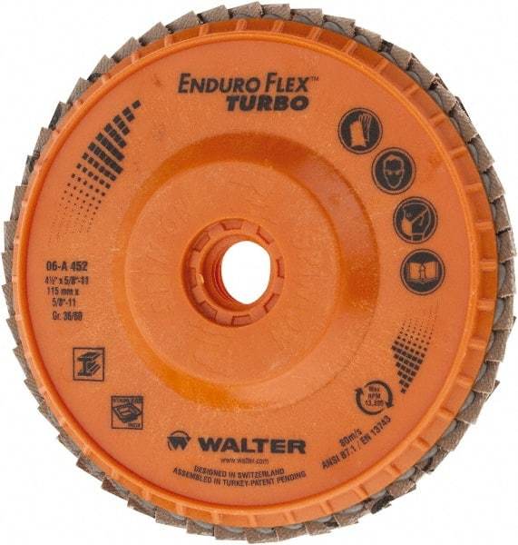 WALTER Surface Technologies - 36 Grit, 4-1/2" Disc Diam, 5/8-11 Center Hole, Type 29 Ceramic Flap Disc - 13,300 Max RPM, Plastic Backing, Arbor Attaching System, Coated - Industrial Tool & Supply
