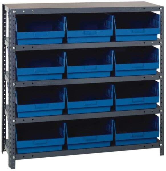 Quantum Storage - 12 Bin Store-More Shelf Bin System - 36 Inch Overall Width x 12 Inch Overall Depth x 39 Inch Overall Height, Blue Polypropylene Bins - Industrial Tool & Supply