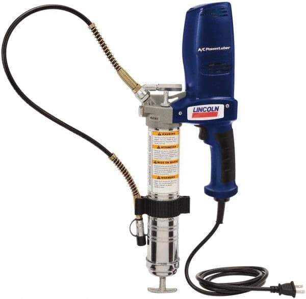 Lincoln - 7,000 Max psi, Flexible Electric Grease Gun - 14-1 & 2 oz (Cartridge) & 16 oz (Bulk) Capacity, 1/8 Thread Outlet, Bulk & Cartridge Fill, Includes 6" Power Card, Compact Carrying Case, Coupler & Valves - Industrial Tool & Supply