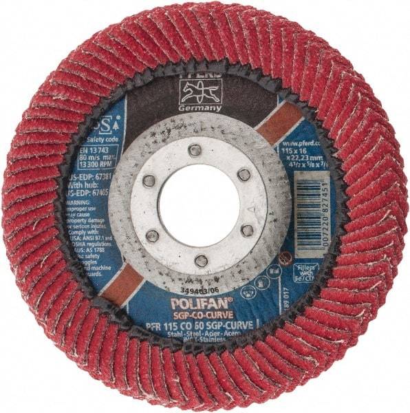PFERD - 60 Grit, 4-1/2" Disc Diam, 7/8" Center Hole, Type 27 Ceramic Flap Disc - 13,300 Max RPM, Fiberglass Backing, Arbor Attaching System, Coated - Industrial Tool & Supply