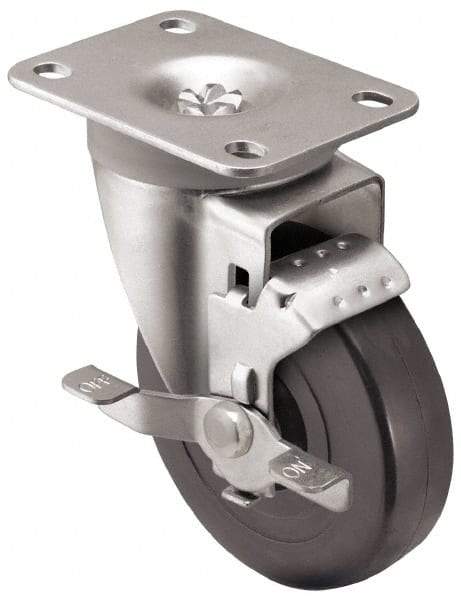 Shepherd - 3" Diam x 1-1/4" Wide x 4-1/4" OAH Top Plate Mount Swivel Caster with Brake - Soft Rubber, 150 Lb Capacity, Nylon Bearing, 2-5/8 x 3-3/4" Plate - Industrial Tool & Supply