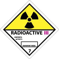 NMC - Accident Prevention Label - Legend: Radioactive III Contents: Activity: Transport Index, English, Black, Yellow, Pink & White, 4" Long x 4" High, Sign Muscle Finish - Industrial Tool & Supply