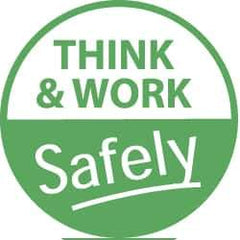 NMC - Think and Work Safely, Hard Hat Label - White on Green, 2" Thick, For Accident Prevention - Industrial Tool & Supply