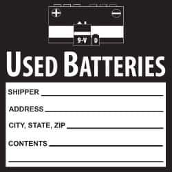 NMC - Hazardous Materials Label - Legend: Used Batteries, English, Black & White, 6" Long x 6" High, Sign Muscle Finish - Industrial Tool & Supply
