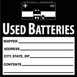 NMC - Hazardous Materials Label - Legend: Used Batteries, English, Black & White, 6" Long x 6" High, Sign Muscle Finish - Industrial Tool & Supply