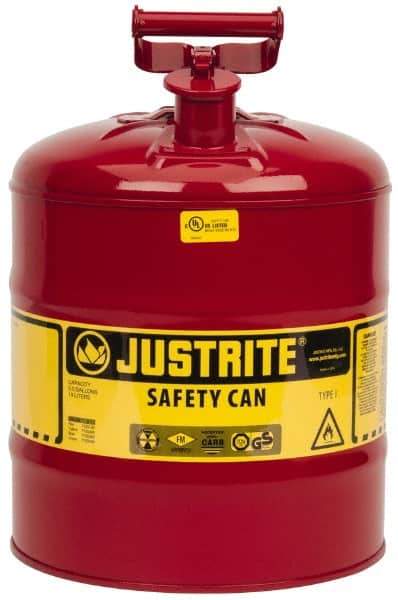 Justrite - 5 Gal Galvanized Steel Type I Safety Can - 16-7/8" High x 11-3/4" Diam, Red with Yellow - Industrial Tool & Supply