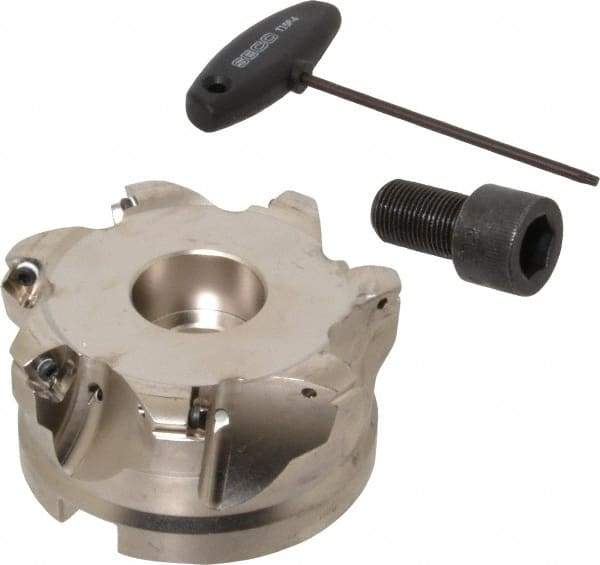 Seco - 7 Inserts, 3.22" Cutter Diam, 0.1" Max Depth of Cut, Indexable High-Feed Face Mill - 1-1/2" Arbor Hole Diam, 0.63" Keyway Width, 2" High, R220.21 Toolholder, 218.19-160.. Inserts, Series R220.21 - Industrial Tool & Supply