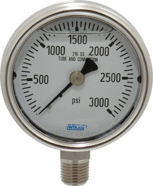 Wika - 2-1/2" Dial, 1/4 Thread, 0-3,000 Scale Range, Pressure Gauge - Lower Connection Mount, Accurate to 2-1-2% of Scale - Industrial Tool & Supply