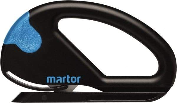 Martor USA - Fixed Safety Cutter - 1-11/16" Carbon Steel Blade, Black & Blue Polycarbonate Handle, 1 Blade Included - Industrial Tool & Supply