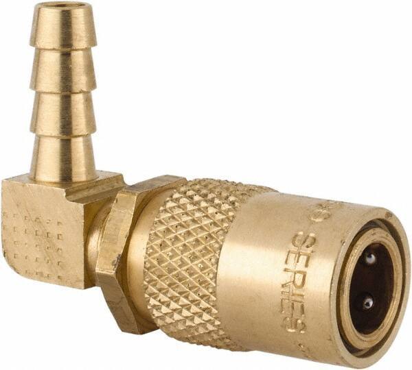Coilhose Pneumatics - Hose Barb Non-Valved Moldflow Pneumatic Hose 90° Non-Valved Coupler - Brass, 1/4" Body Diam, 1/4" Hose ID - Industrial Tool & Supply