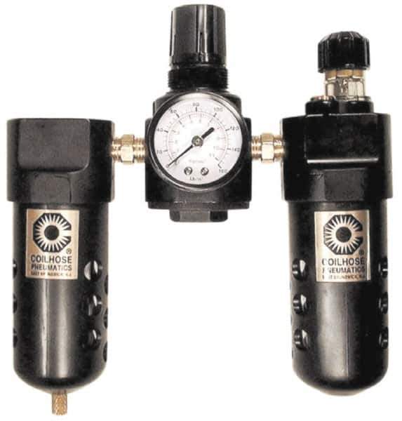 Coilhose Pneumatics - 1/4" NPT Port Compact 3 Piece Filter-Regulator-Lubricator FRL Unit - Polycarbonate Bowl, 48 SCFM, 150 Max psi, 6.5" High, Automatic Drain - Industrial Tool & Supply