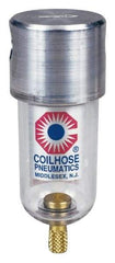 Coilhose Pneumatics - 1/8" Port, 4" High x 1-1/2" Wide, Miniature FRL Filter with Polycarbonate Bowl & Manual Drain - 25 SCFM, 150 Max psi, 120°F Max, 1.5 oz Bowl Capacity - Industrial Tool & Supply