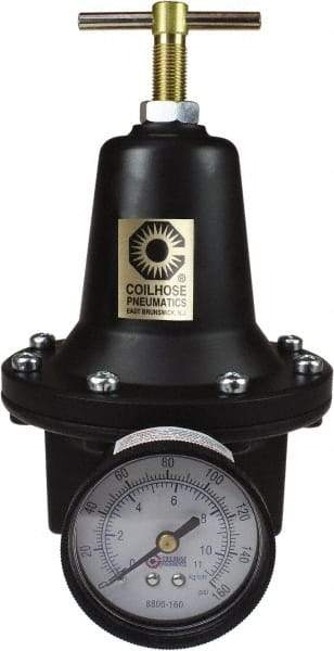 Coilhose Pneumatics - 1/4 NPT Port, 40 CFM, Cast Aluminum Heavy-Duty T-Handle Regulator - 0 to 125 psi Range, 250 Max psi Supply Pressure, 1/4" Gauge Port Thread, 3" Wide x 5-1/2" High - Industrial Tool & Supply