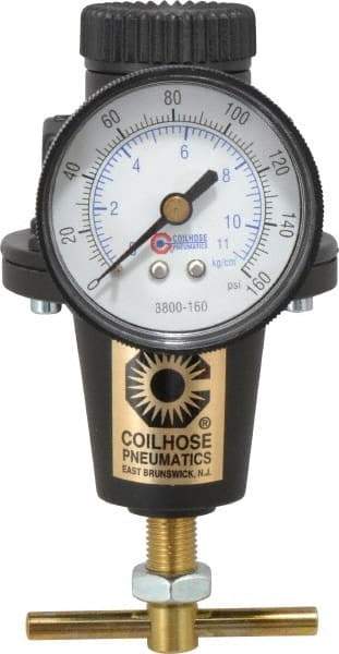 Coilhose Pneumatics - 3/8 NPT Port, 40 CFM, Cast Aluminum Heavy-Duty T-Handle Regulator - 0 to 125 psi Range, 250 Max psi Supply Pressure, 1/4" Gauge Port Thread, 3" Wide x 5-1/2" High - Industrial Tool & Supply