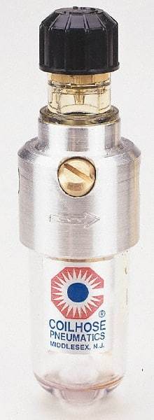 Coilhose Pneumatics - 1/8 NPT Port, 150 Max psi, Miniature Lubricator - Polycarbonate Bowl, Cast Aluminum Body, 11 CFM, 120°F Max, 1-1/2" Wide x 5" High - Industrial Tool & Supply
