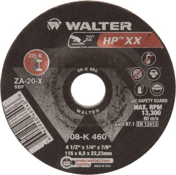 WALTER Surface Technologies - 20 Grit, 4-1/2" Wheel Diam, 1/4" Wheel Thickness, Type 27 Depressed Center Wheel - Aluminum Oxide, 13,300 Max RPM - Industrial Tool & Supply