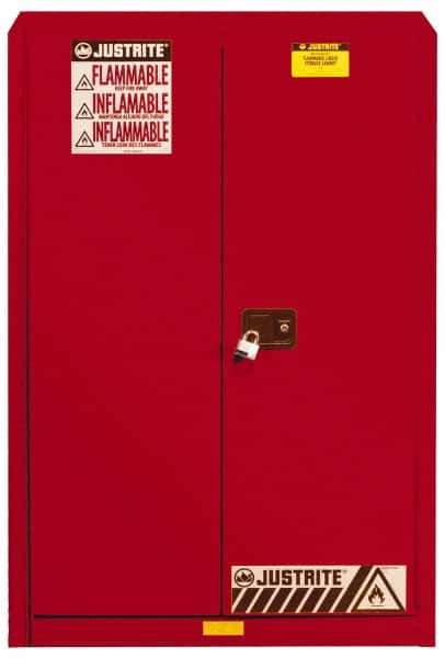 Justrite - 2 Door, 5 Shelf, Red Steel Standard Safety Cabinet for Flammable and Combustible Liquids - 65" High x 43" Wide x 18" Deep, Manual Closing Door, 3 Point Key Lock, 60 Gal Capacity - Industrial Tool & Supply