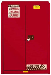 Justrite - 2 Door, 5 Shelf, Red Steel Standard Safety Cabinet for Flammable and Combustible Liquids - 65" High x 43" Wide x 18" Deep, Manual Closing Door, 3 Point Key Lock, 60 Gal Capacity - Industrial Tool & Supply