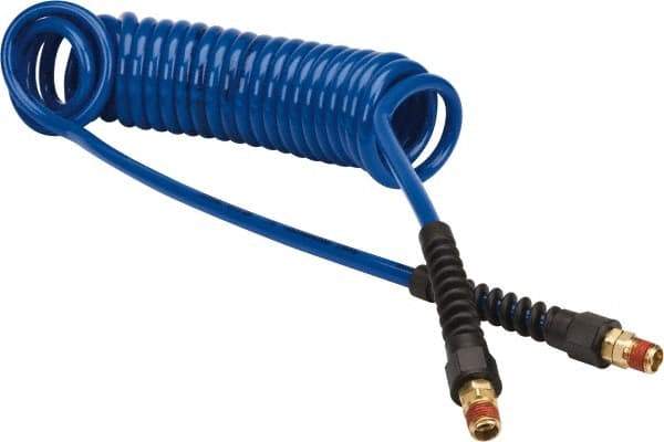 Coilhose Pneumatics - 1/4" ID, 1/4 Thread, 15' Long, Dark Blue Polyurethane Coiled & Self Storing Hose - 125 Max psi, Male Swivel x Male Swivel with Strain Relief - Industrial Tool & Supply