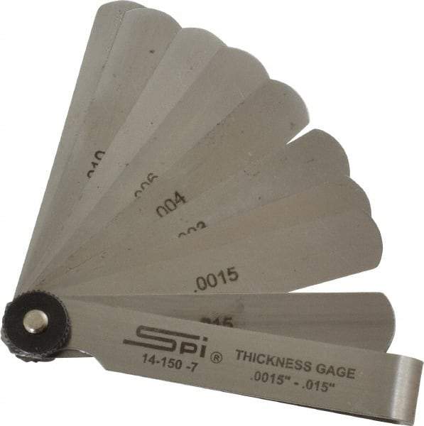 SPI - 9 Piece, 0.0015 to 0.015", Parallel Feeler Gage Set - 3" Long x 1/2" Wide, Tempered Steel - Industrial Tool & Supply