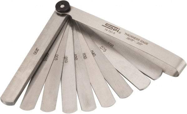 SPI - 13 Piece, 0.0015 to 0.2" Thick, Parallel Feeler Gage Set - 4-1/4" Leaf Length, 1/2" Wide, Tempered Steel - Industrial Tool & Supply