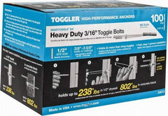 Toggler - 3/16" Screw, 6-1/4" Long, 3/8 to 3-5/8" Thick, Toggle Bolt Drywall & Hollow Wall Anchor - 3/16 - 24" Thread, 1/2" Drill, Zinc Plated, Steel, Grade 1010, Use in Drywall - Industrial Tool & Supply
