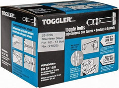 Toggler - 1/2" Screw, 6" Long, 3/8 to 2-1/2" Thick, Toggle Bolt Drywall & Hollow Wall Anchor - 1/2 - 13" Thread, 3/4" Drill, Uncoated, Stainless Steel, Grade 304, Use in Drywall - Industrial Tool & Supply