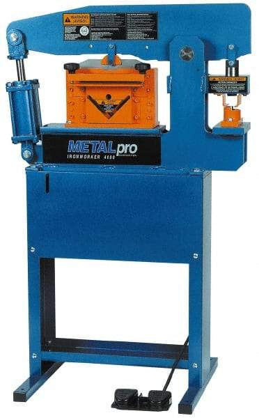 Metalpro - 3-3/4" Throat Depth, 45 Ton Punch Pressure, Ironworker - 1-1/2 hp, 1 Phase, 110 Volts, 37" Wide x 55-1/4" High x 24" Deep - Industrial Tool & Supply