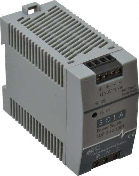 Sola/Hevi-Duty - 100 Watt, 3 to 2.5 Amp, 264 VAC, 375 VDC Input, 10 to 12 VDC Output, DIN Rail Power Supply - Screw Terminal Connection, 1 Output, 1.77 Inch Wide x 3.58 Inch Deep x 2.95 Inch High, Up to 80% Efficiency, 14 to 140°F, Green LED Display - Industrial Tool & Supply