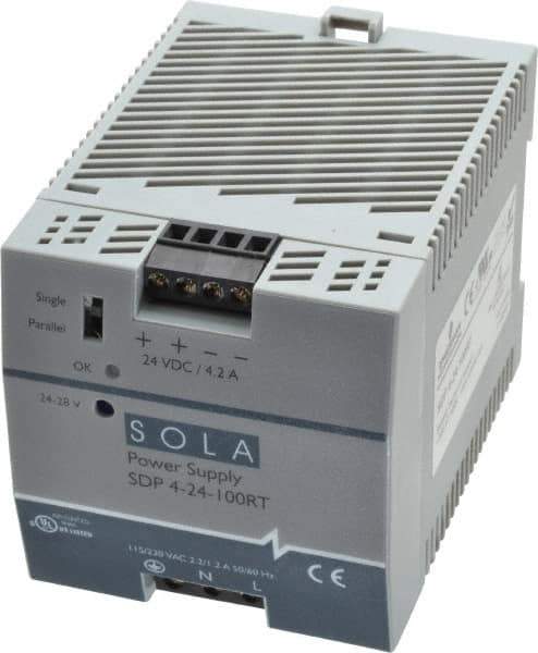Sola/Hevi-Duty - 100 Watt, 4.20 Amp, 132 VAC, 264 VAC, 375 VDC Input, 24 to 28 VDC Output, DIN Rail Power Supply - Screw Terminal Connection, 1 Output, 2.85 Inch Wide x 3.8 Inch Deep x 2.95 Inch High, Up to 88% Efficiency, 14 to 140°F, Green LED Display - Industrial Tool & Supply