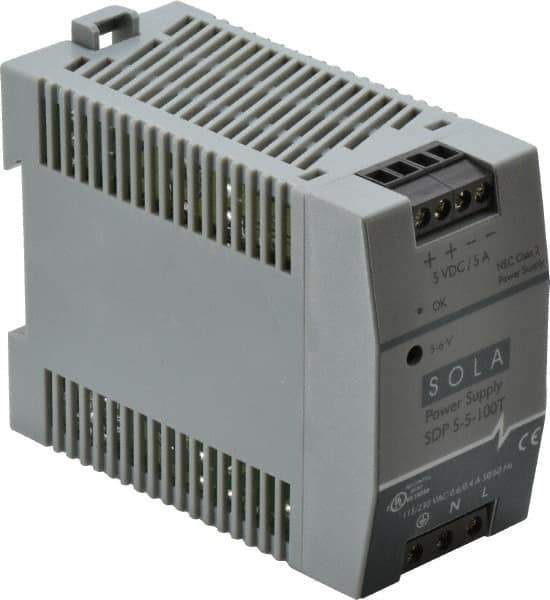 Sola/Hevi-Duty - 100 Watt, 5 Amp, 264 VAC, 375 VDC Input, 5 to 6 VDC Output, DIN Rail Power Supply - Screw Terminal Connection, 1 Output, 1.77 Inch Wide x 3.58 Inch Deep x 2.95 Inch High, Up to 80% Efficiency, 14 to 140°F, Green LED Display - Industrial Tool & Supply