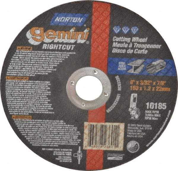 Norton - 6" Aluminum Oxide Cutoff Wheel - 3/32" Thick, 7/8" Arbor, 10,185 Max RPM, Use with Angle Grinders - Industrial Tool & Supply
