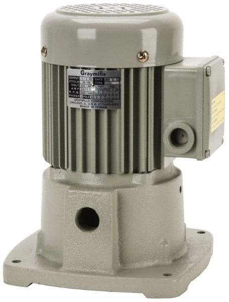 Graymills - 230/460 Volt, 1/2 hp, 3 Phase, 3,450 RPM, Cast Iron Suction Machine Tool & Recirculating Pump - 32 GPM, 3/4" Inlet, 42 psi, 8-1/2" Long x 7-3/8" Mounting Flange Width, 11-1/32" Overall Height, Metric Thread, Aluminum Impeller - Industrial Tool & Supply